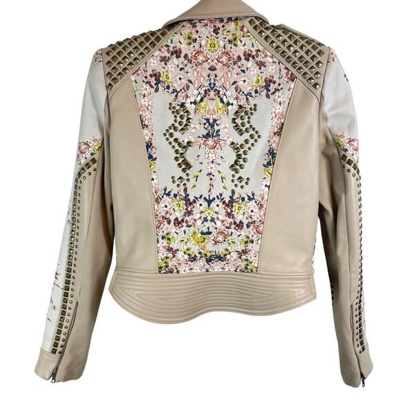 BCBGMAXAZRIA Runway Mannix Leather Floral Studded Jacket Gray Violet Combo Sz XS - Picture 9 of 9